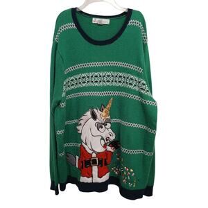 Ugly Unicorn Christmas Sweater Sz XXL Green Crazy Santa Sequins Fair Isle Whimsi